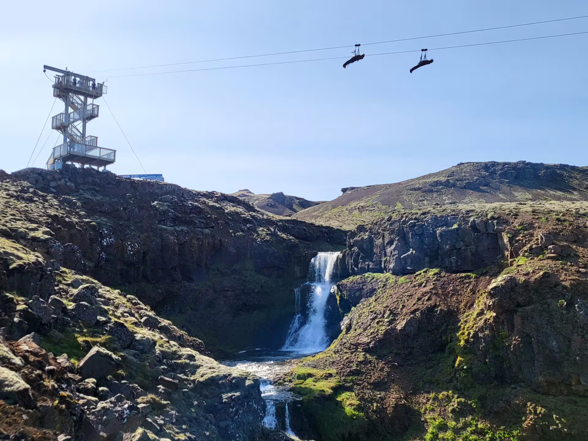 Scenic view of the Mega Zipline Superman Ride above a waterfall, offering an exhilarating adventure near Reykjavik, Iceland.