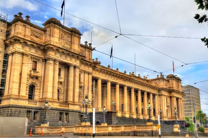 Victorian Parliament House Melbourne neoclassical facade with grand columns and ornate stonework