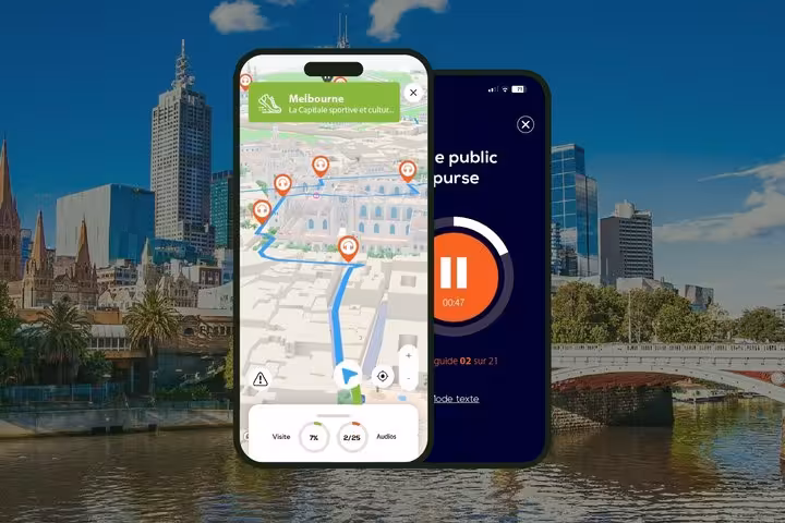Melbourne self-guided audio walking tour app showing interactive map with 20 stops and audio guide interface