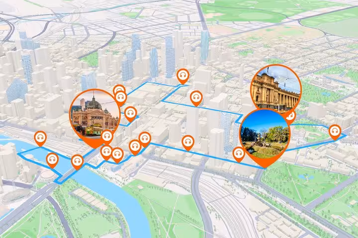 3D map of Melbourne city with orange audio tour pins marking 20 stops including Flinders Street Station