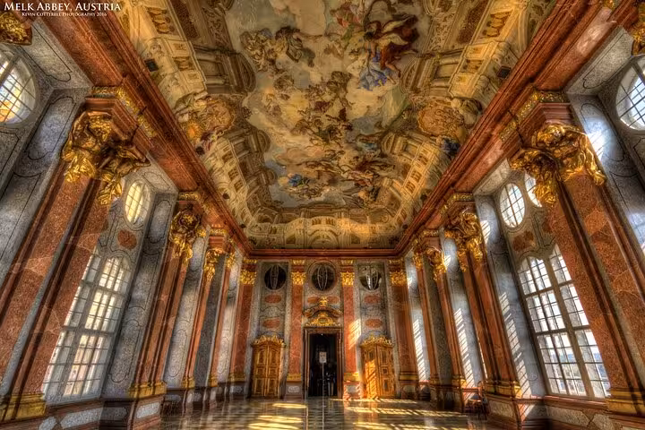 Grand hall inside Melk Abbey, Austria with baroque fresco ceiling, a highlight of Wachau private tour from Vienna