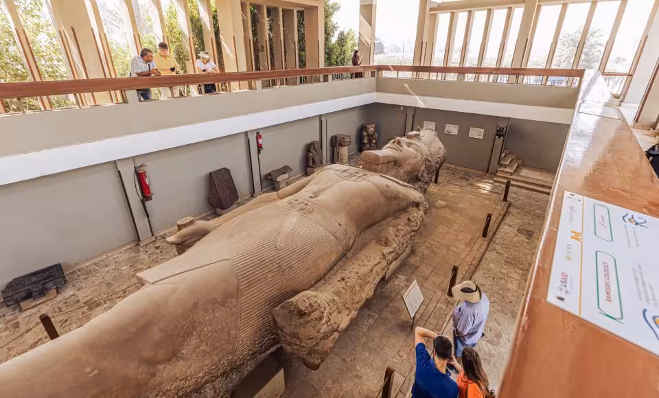 Colossal statue at Memphis open-air museum, visit on Cairo day tour to Pyramids, Saqqara and Dahshur with lunch