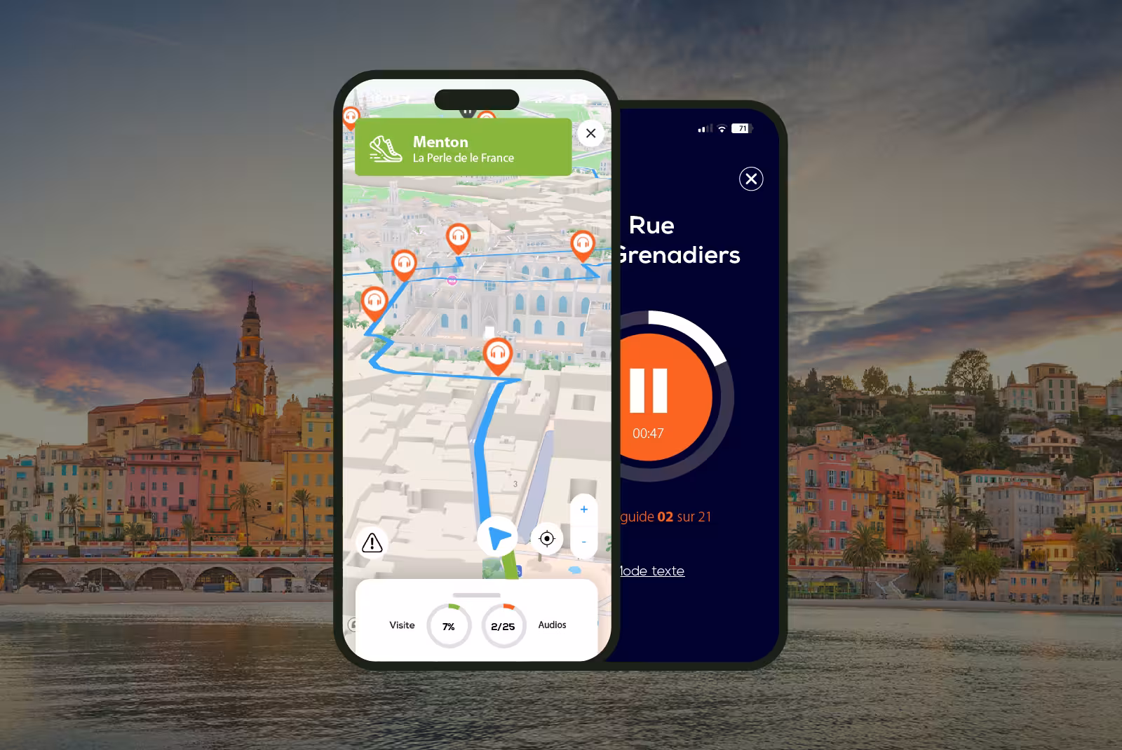 Menton audioguide mobile application interface on smartphone with the colorful city in the background.