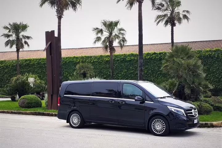 Spacious black Mercedes minivan for ETNA and Taormina private transfer from Cefalù, parked among palm trees in Sicily