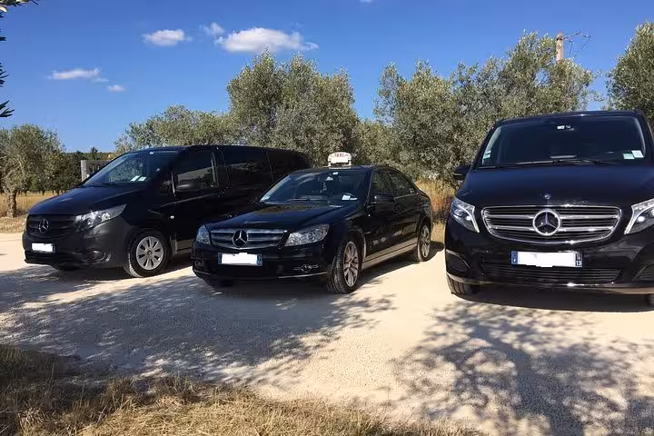 Fleet of Mercedes vans and sedan for private Avignon to Marseille Airport transfer, reliable airport pickup