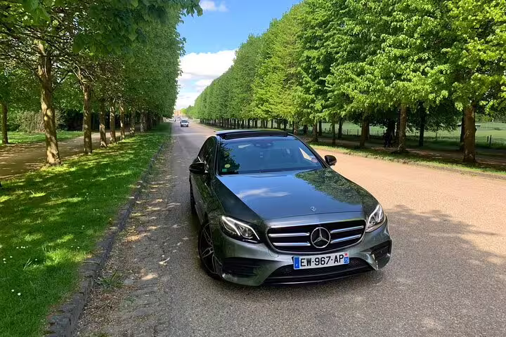 Grey Mercedes-Benz E-Class sedan parked on a tree-lined avenue in the French countryside