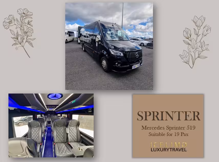 Black Mercedes Sprinter 519 luxury minivan exterior and premium leather interior seating for 19 passengers