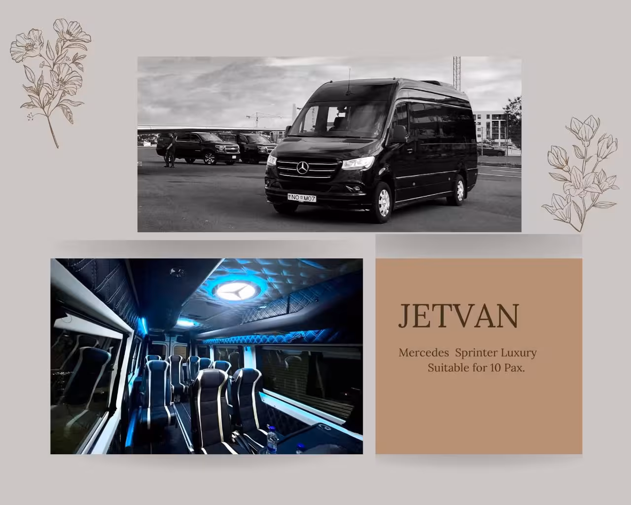 Black Mercedes Sprinter luxury van exterior and blue-lit interior seating for 10 passengers