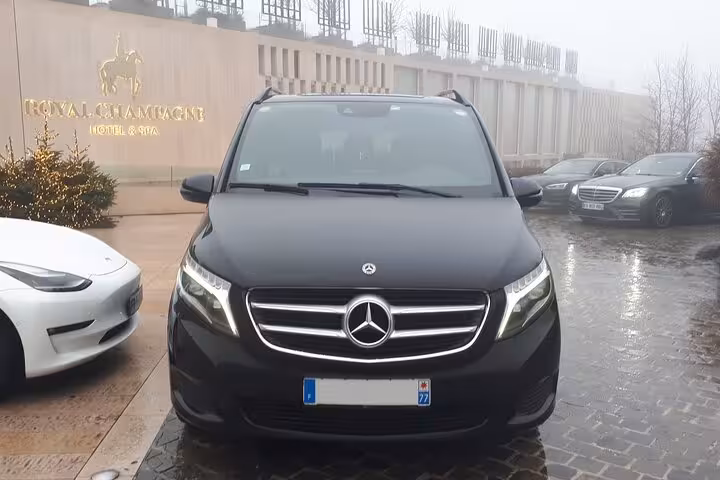 Black Mercedes-Benz V-Class van parked at Royal Champagne Hotel & Spa in Epernay, France