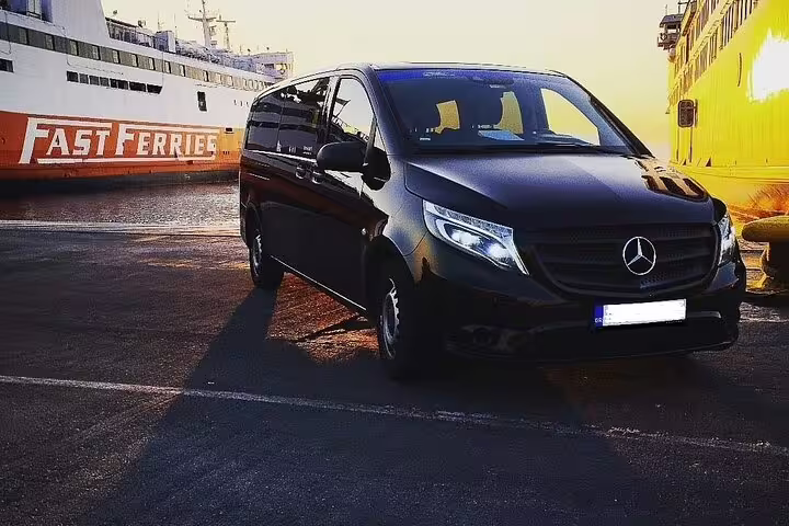 Mercedes van at Athens port for private transfer to Lefkada, ideal for families and small groups with luggage