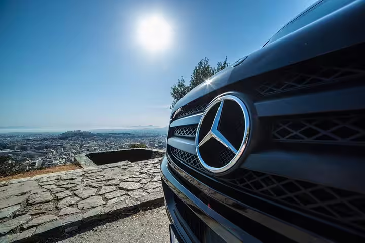 Mercedes van grille at Athens lookout, premium private transfer for Mycenae, Epidaurus and Nafplio tour