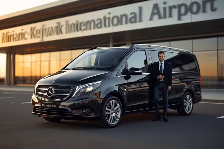 Professional driver standing beside black Mercedes-Benz Vito van at Keflavik International Airport