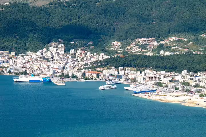 Mercedes van at Igoumenitsa port by ferry, ready for private transfer to Athens with professional driver service