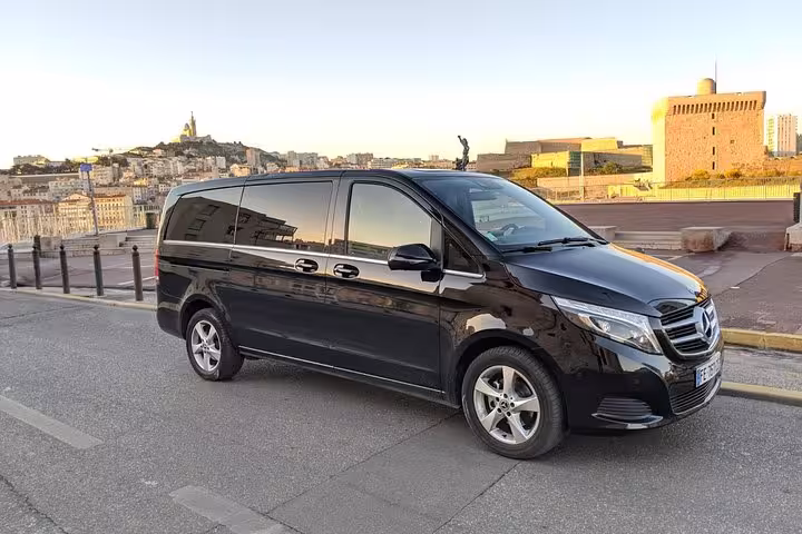Private Mercedes van for Marseille Provence Airport transfer to Marseille train station, cruise port and hotels