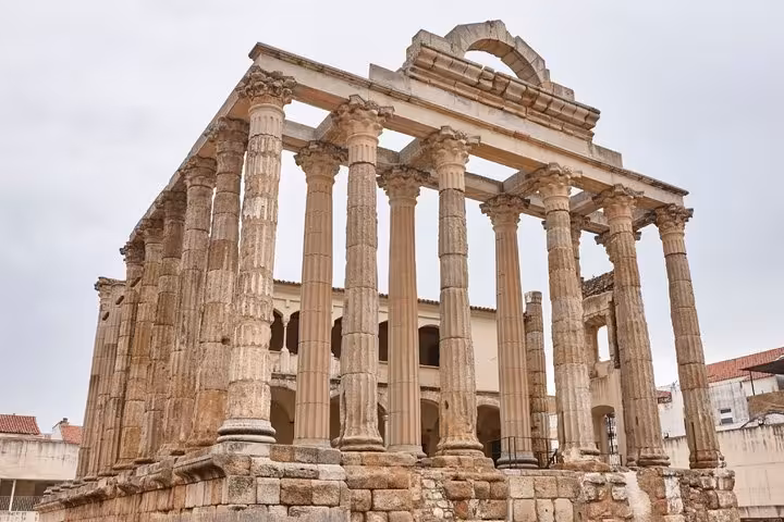 Roman Temple of Diana ruins with Corinthian columns in Mérida, Spain