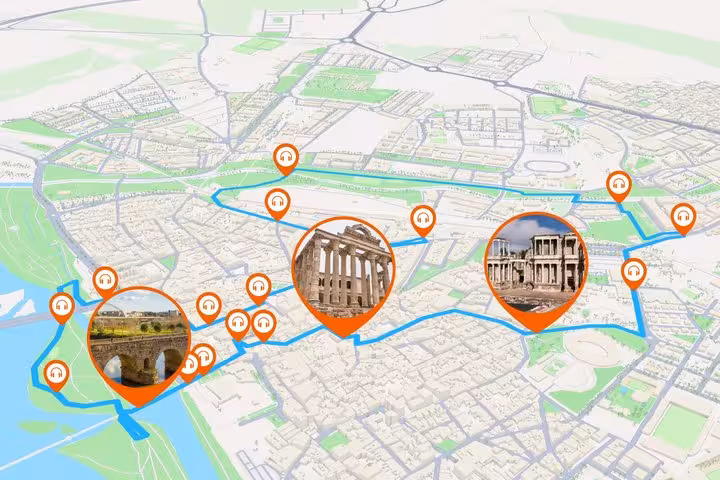 Self-guided walking tour map of Merida with audio stops highlighting Roman temple, theatre and bridge