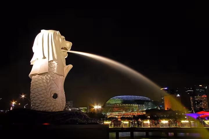 Iconic Merlion statue spouting water at night with Esplanade Theatre backdrop on Singapore private car tour