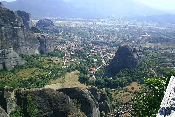 Panoramic Meteora viewpoint over Kalambaka valley and rock formations, highlight of Delphi & Meteora 2-day tour