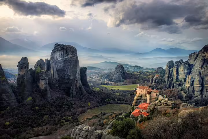 Panoramic Meteora cliffs and monasteries in Thessaly Greece on full-day private tour from Athens with lunch