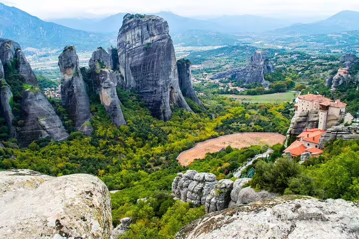 Panoramic Meteora rock formations and monastery, scenic stop on full-day private tour from Athens with lunch