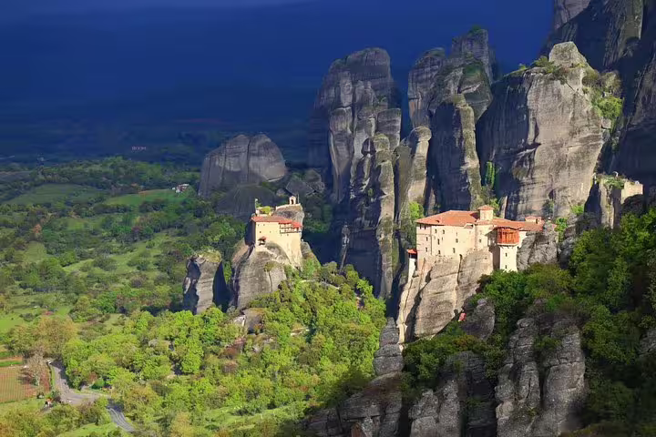Meteora monasteries perched on towering rock pillars, panoramic view on a private full day tour from Athens