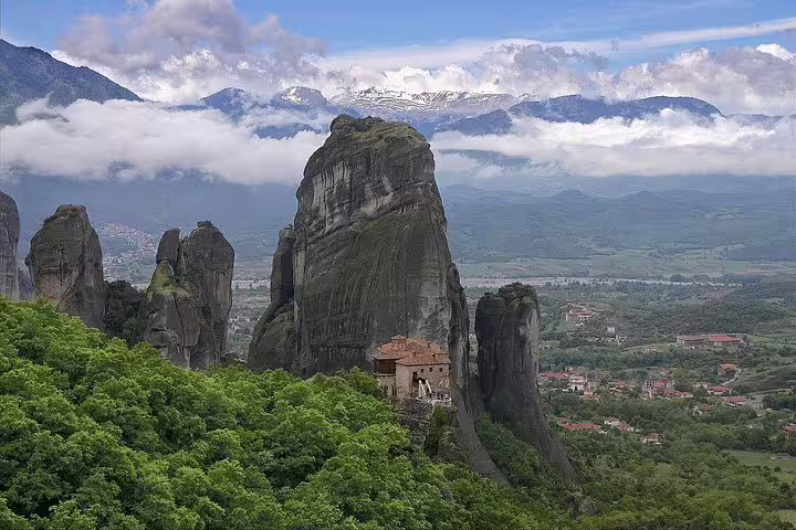 Meteora rock pillars and cliffside monastery viewpoint on a 2-day private tour from Athens, Greece