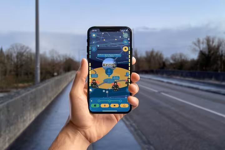 Hand holding smartphone displaying Metz self-guided walking tour app with historical battle map and soldier illustrations
