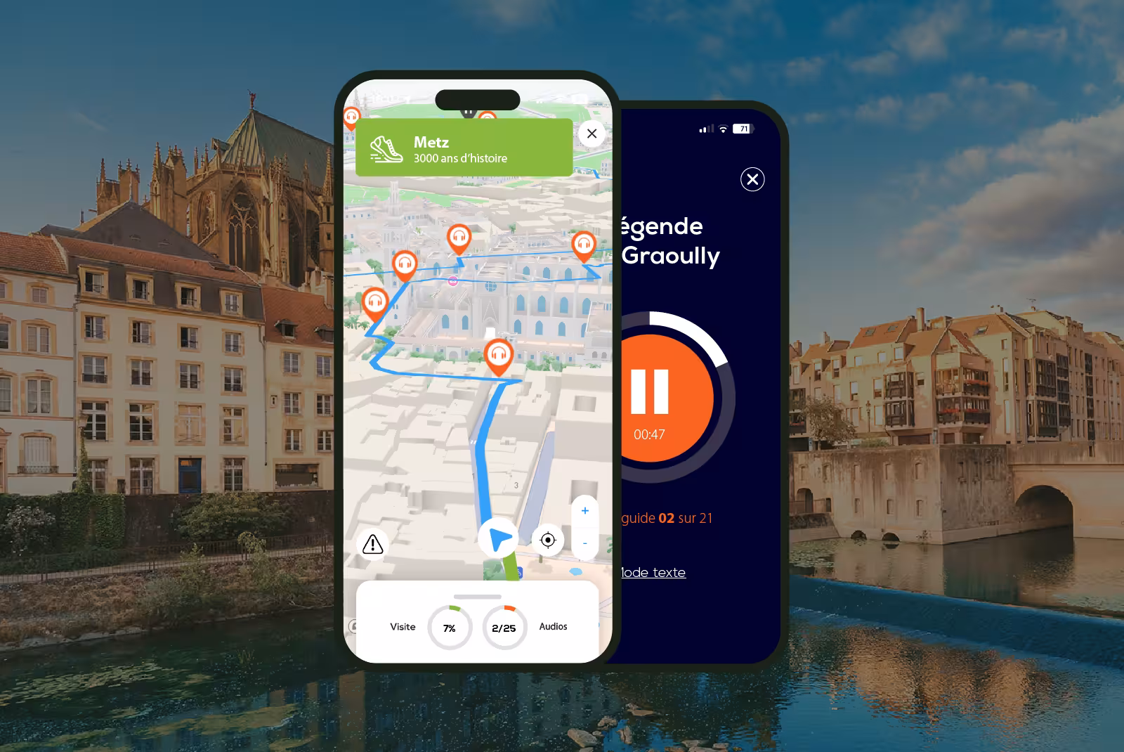 Interface application mobile audioguide Metz sur smartphone.