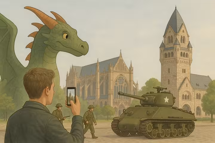 Man photographing a dragon, WWII tank, soldiers, and Gothic cathedral in Metz city square