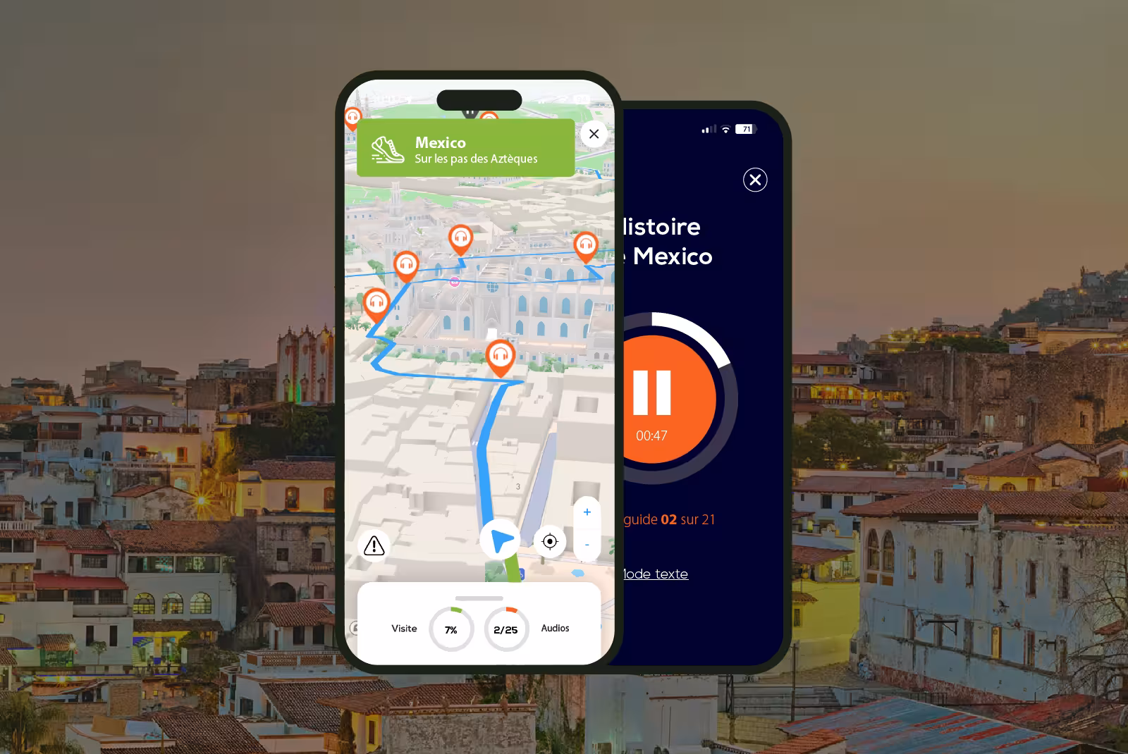 Mexico audioguide mobile application interface on smartphone with colorful hills in the background.