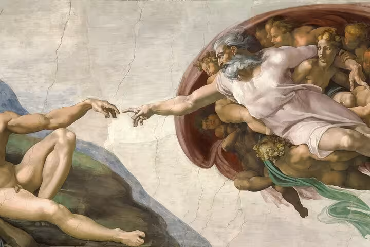 Michelangelo’s Creation of Adam fresco in the Sistine Chapel, seen on Vatican Museums skip-the-line tour