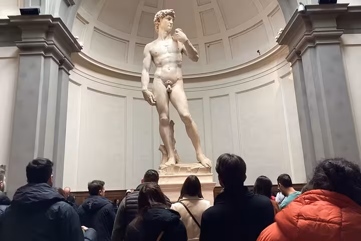 Visitors admiring Michelangelo's David at the Accademia Gallery on a small-group tour in Florence.