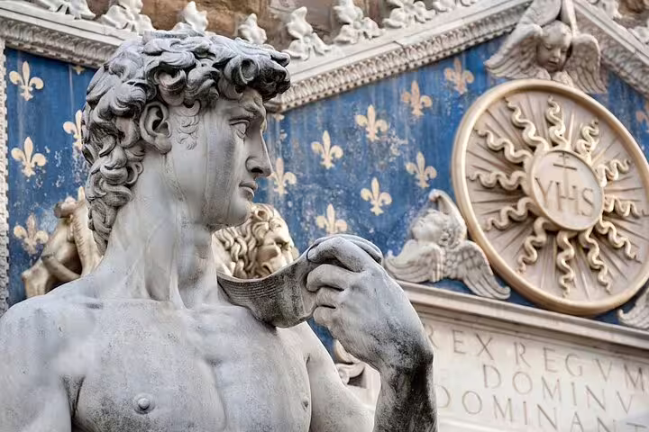 Close-up of Michelangelo’s David statue on an exclusive VIP guided tour of Florence’s Academia Gallery in Italy