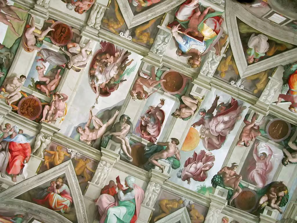 Detail of Michelangelo’s frescoed ceiling in the Sistine Chapel, a highlight of the fast track Vatican Museums tour in Rome