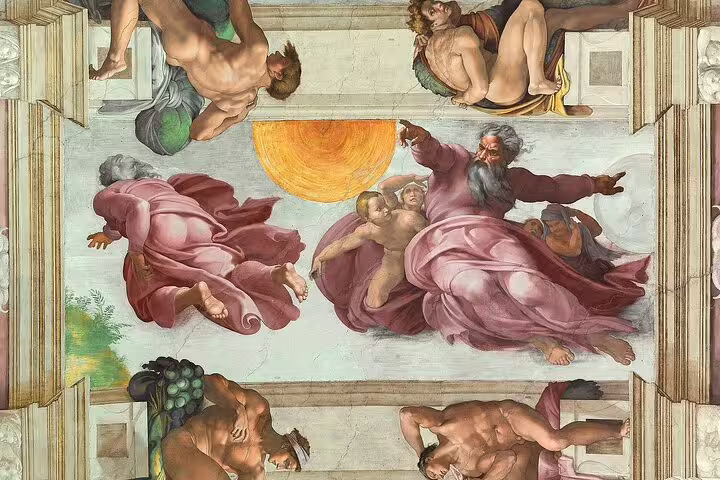 Close-up of Michelangelo’s Sistine Chapel fresco with God and angels, a highlight of Rome private Vatican Museum tours