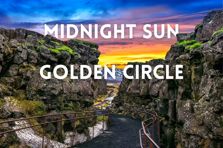 Midnight Sun Golden Circle tour in Iceland with sunset sky over Þingvellir rift valley walkway