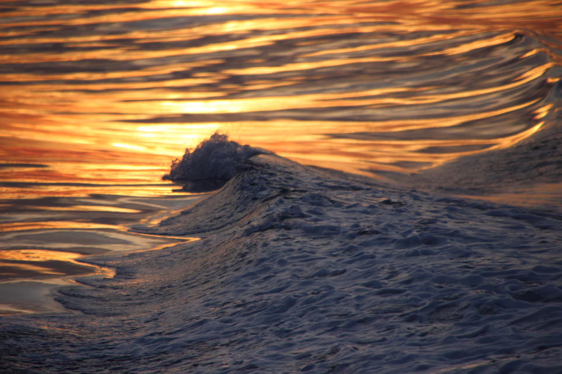 Ocean wave crest with golden midnight sun reflections on water surface in Reykjavik