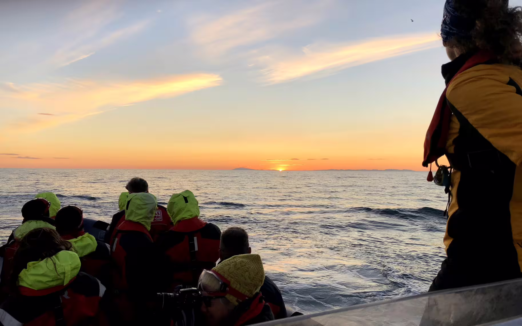 Group of whale watchers in life jackets on a zodiac boat watching midnight sun over calm ocean near Reykjavik