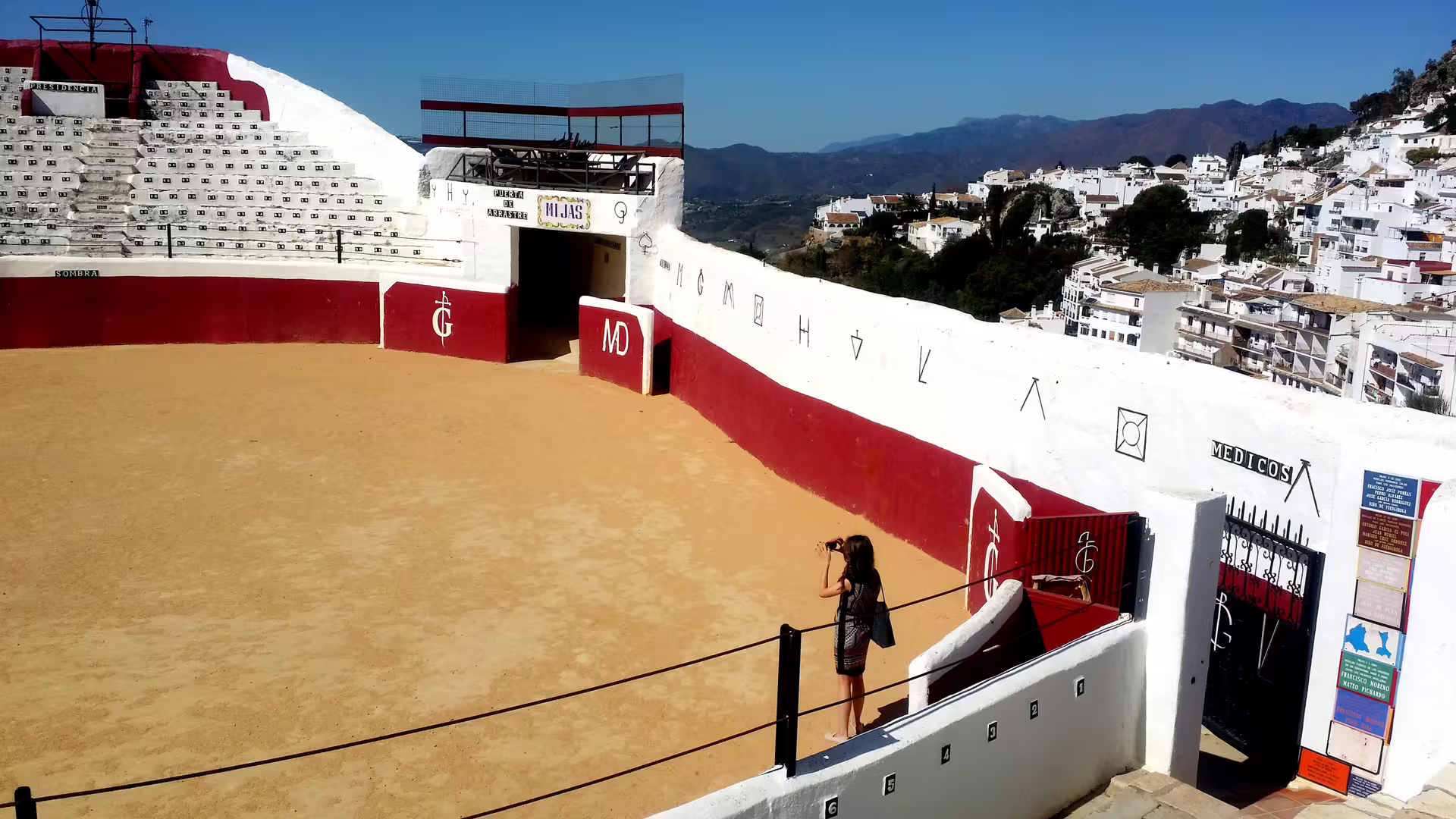 Mijas bullring viewpoint on a private day trip from Costa del Sol, with white village and mountains beyond