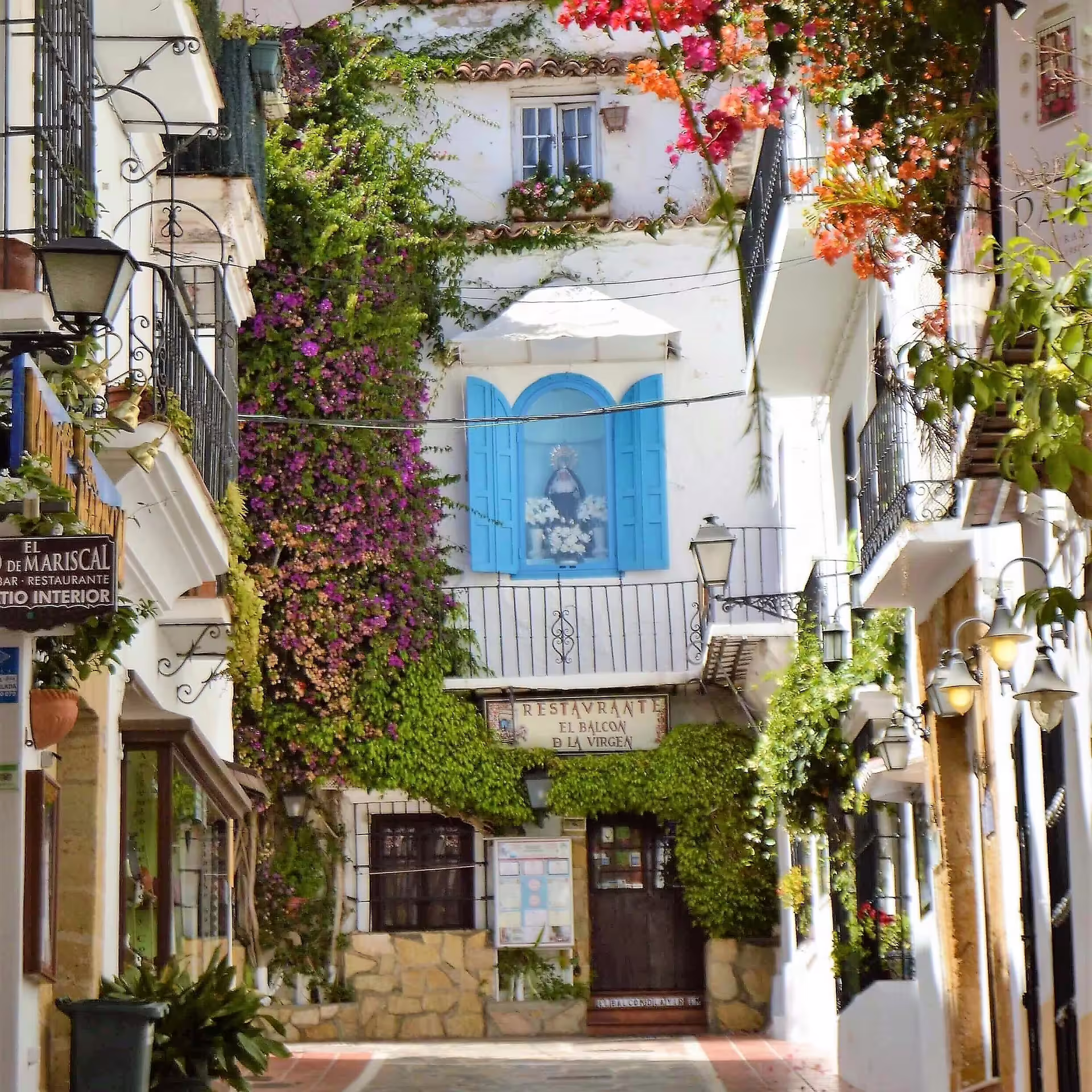 Whitewashed Mijas Pueblo street with blue shutters and bougainvillea on Marbella & Mijas private day trip