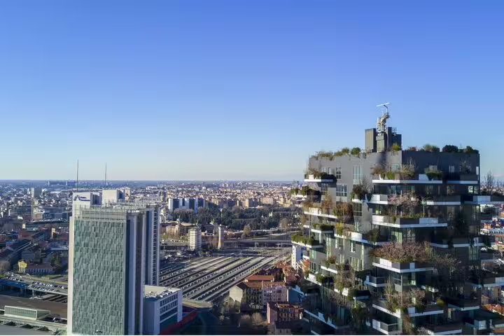 Aerial view of Milan cityscape with Bosco Verticale vertical forest skyscraper and urban skyline