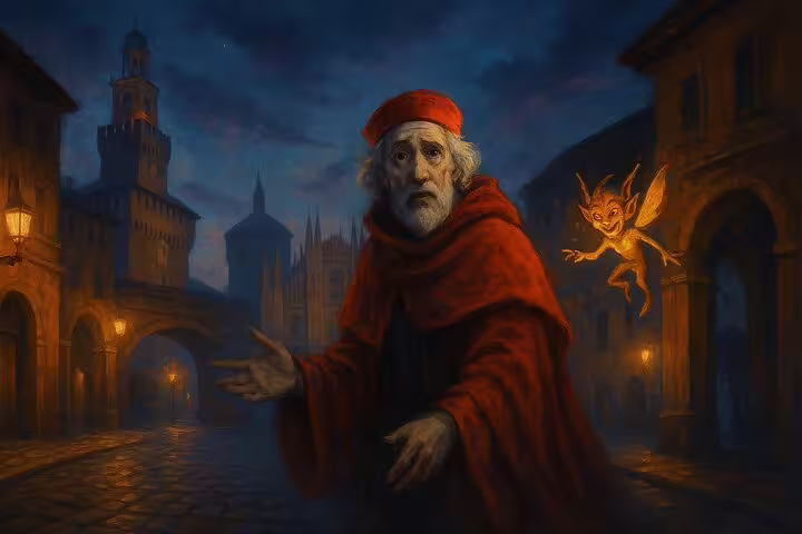 Elderly robed figure with red cloak and imp creature on Milan cobblestone street at night