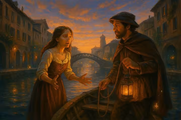 Woman and cloaked man with lantern on gondola at dusk along historic Milan Navigli canal