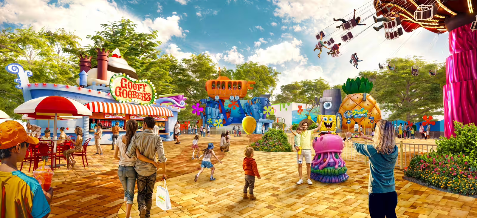 Families enjoy colorful Mirabilandia amusement park area with rides and shows, open-date entry ticket in Italy