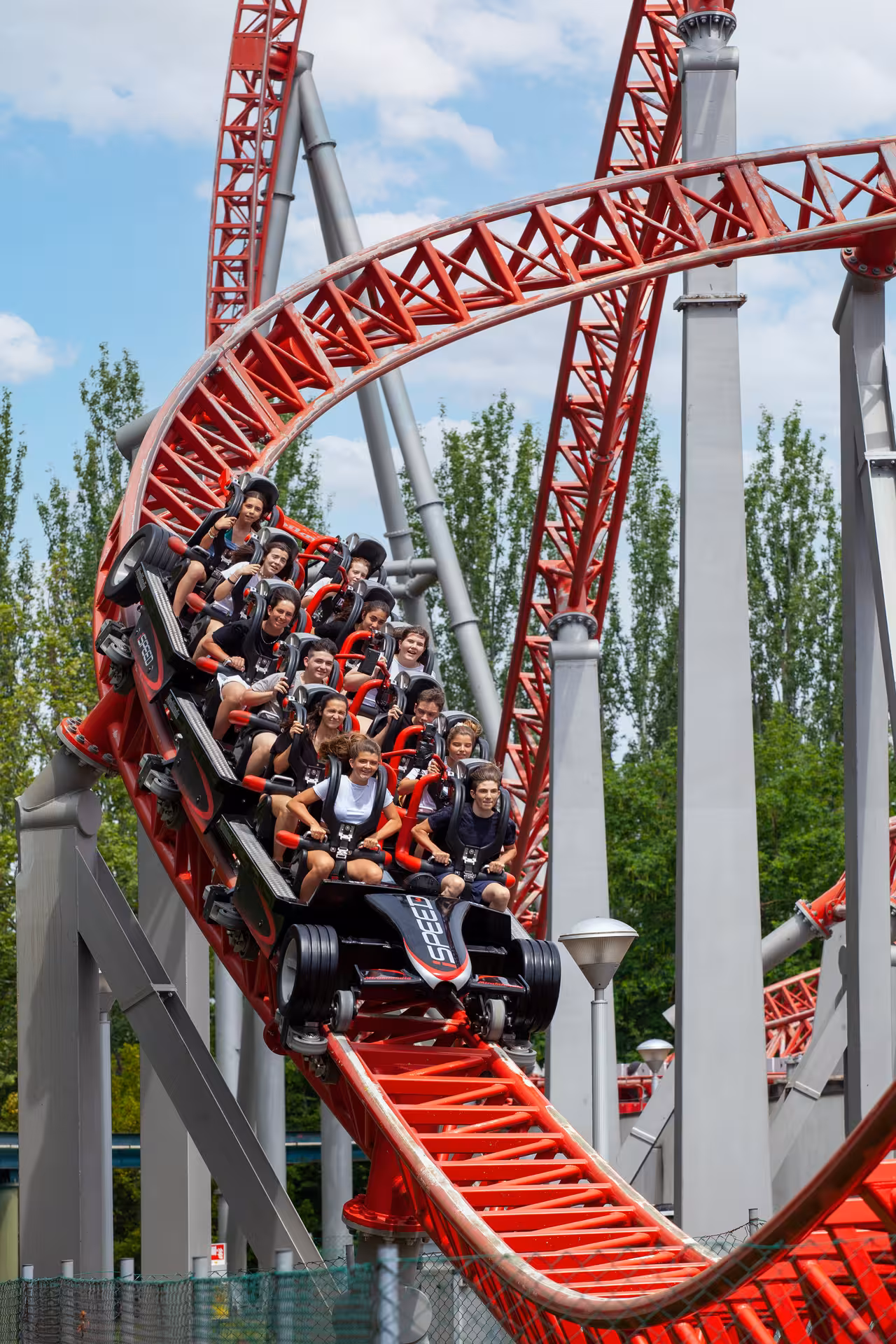 Riders on Mirabilandia iSpeed roller coaster in Ravenna, included with combo Mirabilandia & Aquafan ticket