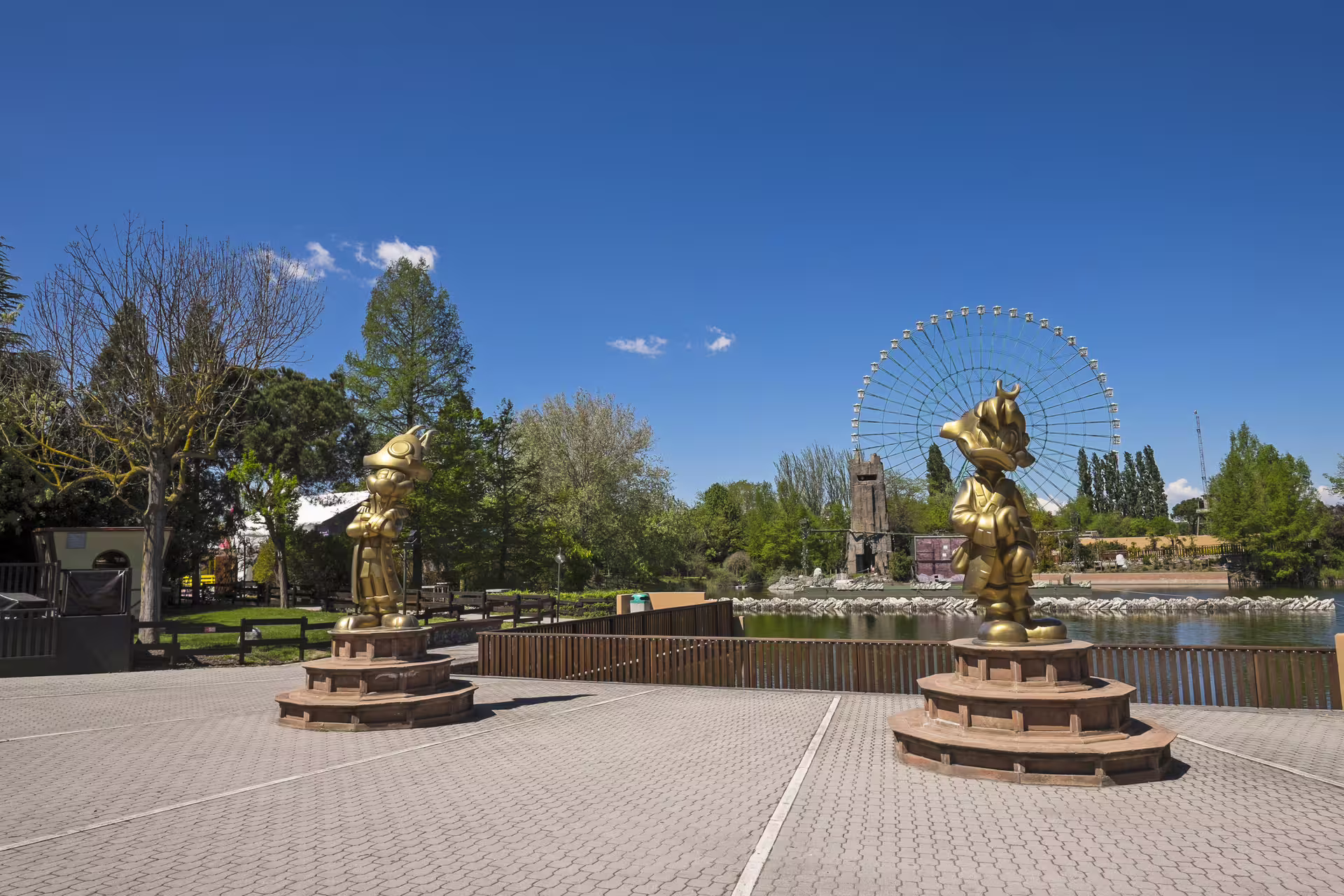 Mirabilandia park entry ticket with ferris wheel and gold statues, plus Maranello Museum visit in Italy