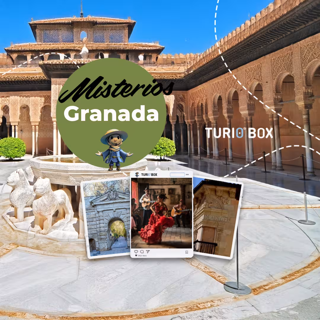 Misterios Granada promo at Alhambra courtyard with flamenco tablao and local mysteries tour highlights