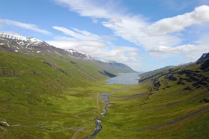 Lush green valley with winding river leading to Mjoifjordur fjord, snow-capped mountains, East Iceland