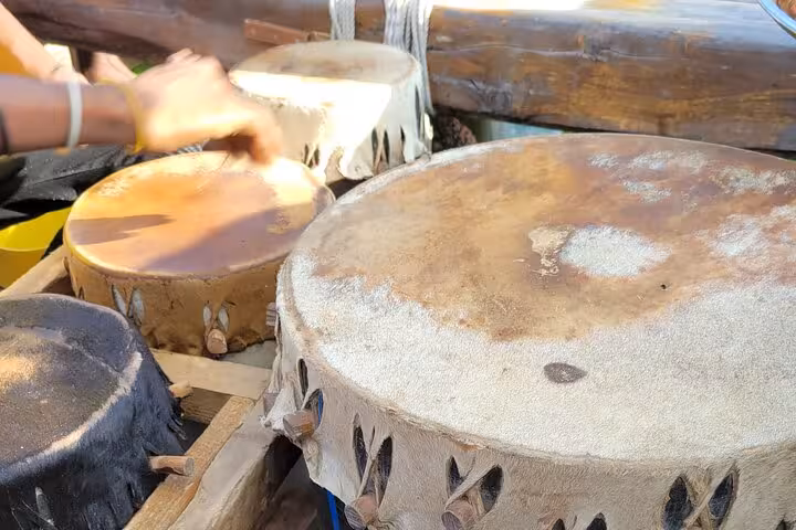 Close-up of traditional drums played during Mnemba Island Dolphin & Snorkeling Tour, enhancing the Zanzibar cultural experience.