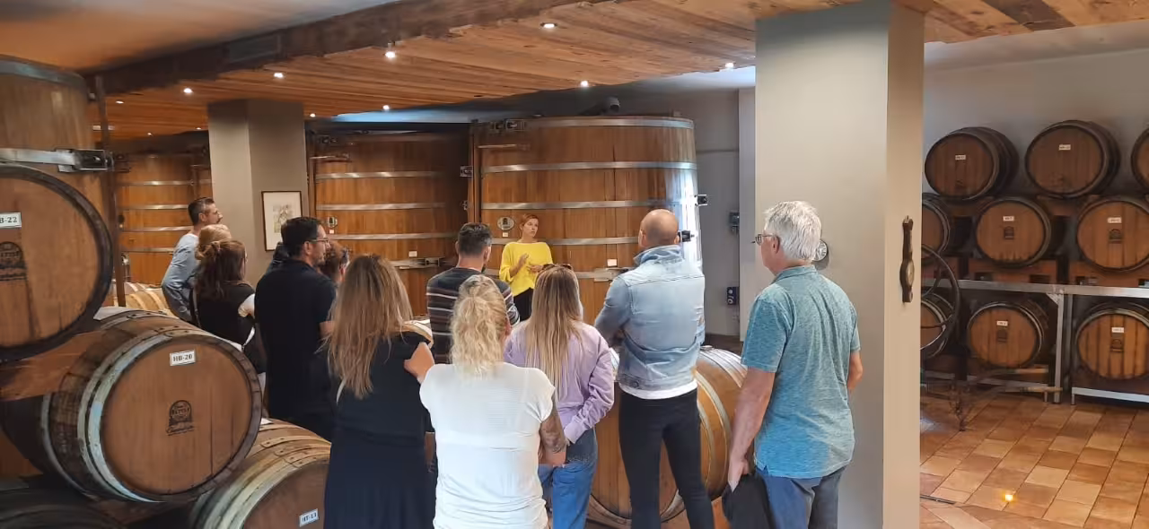 Group tour inside Modena acetaia with wooden barrels, learning about traditional balsamic vinegar aging process